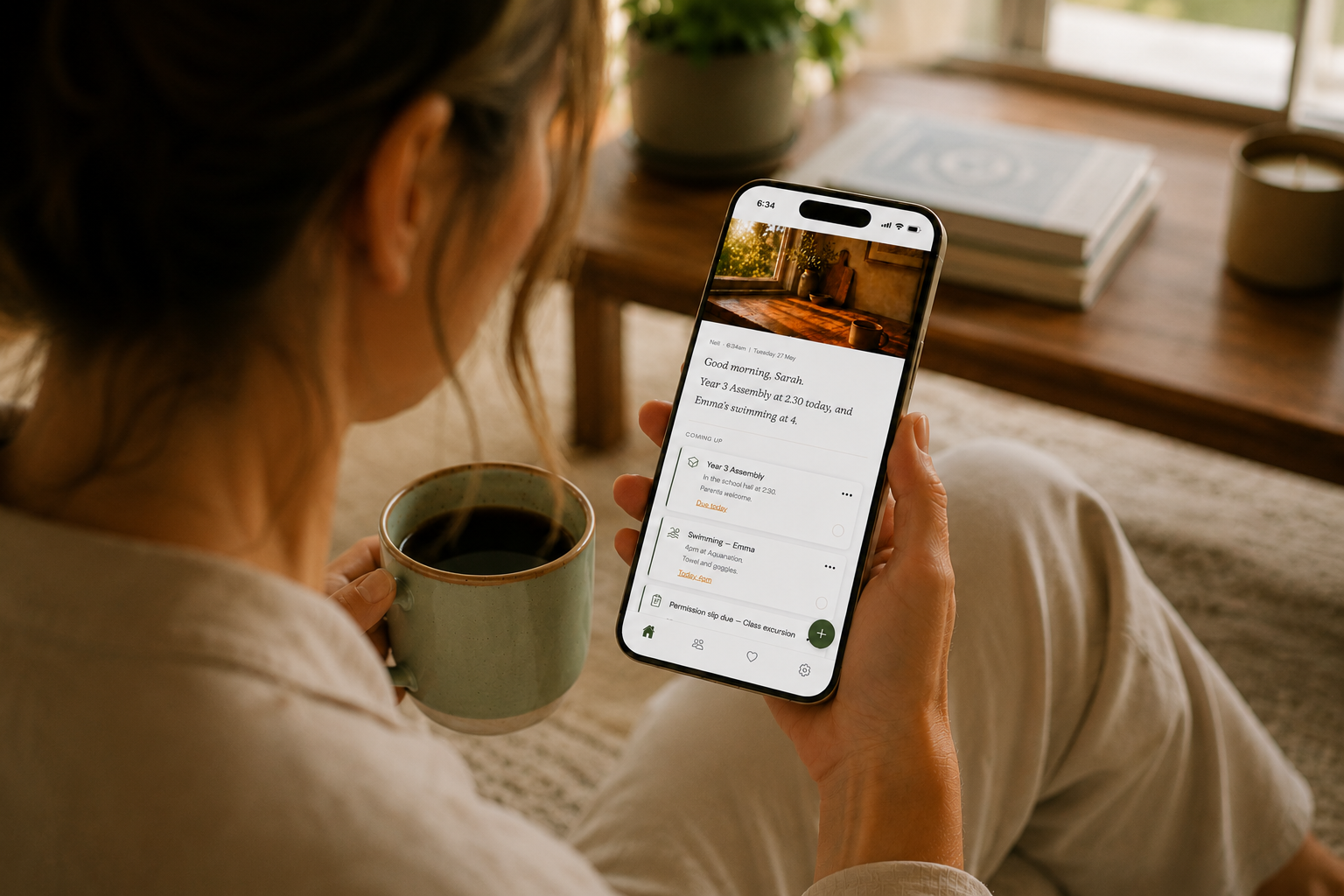 A mum with a coffee, the Mum's Assistant app open on her phone