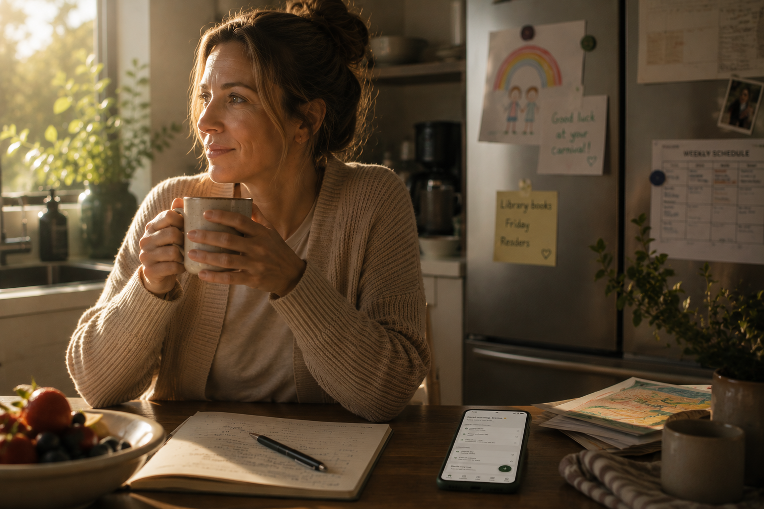A mum with a coffee at the kitchen table in the morning light